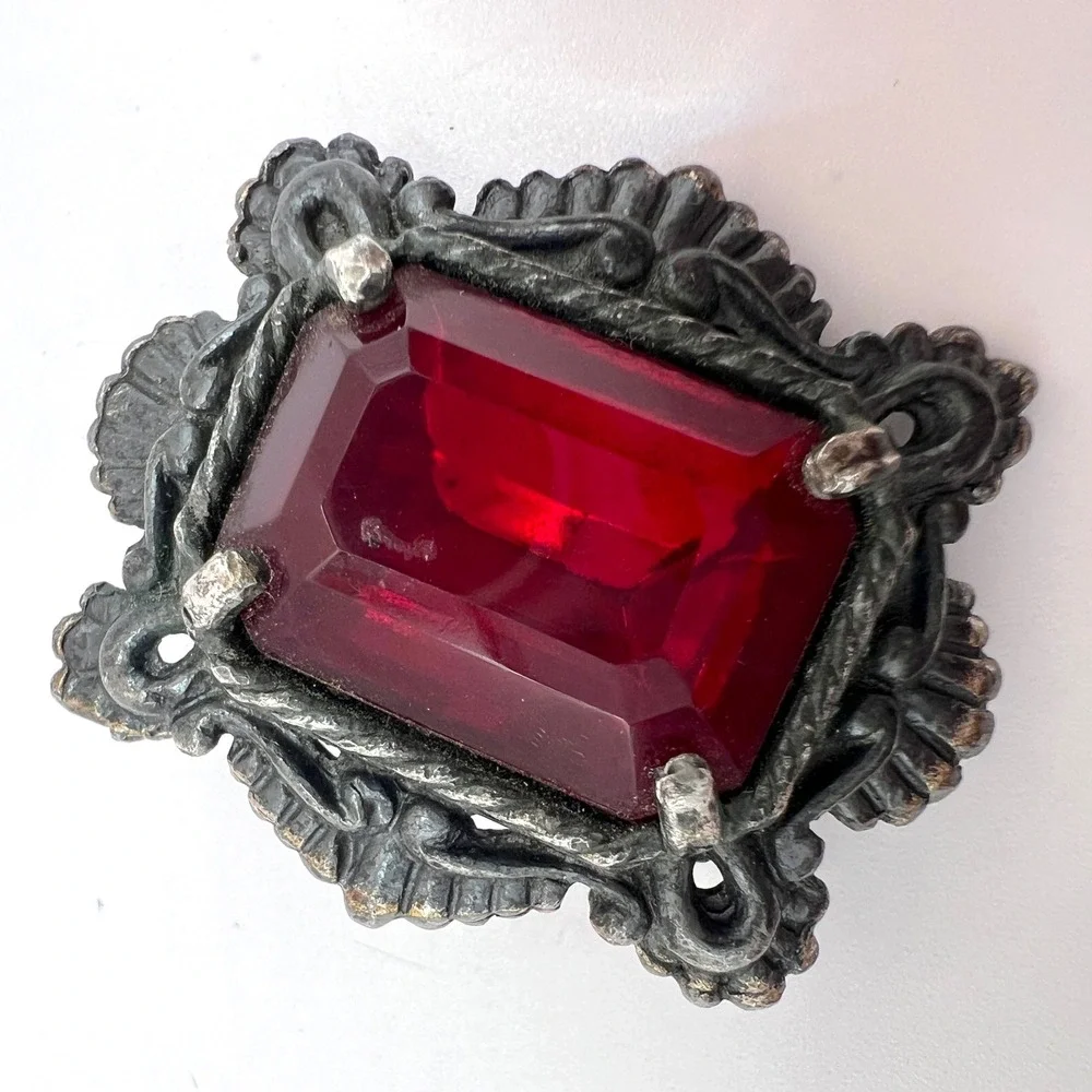 Vintage Ornate Silver Tone Red Glass Emerald Cut Stone Brooch Victorian Style